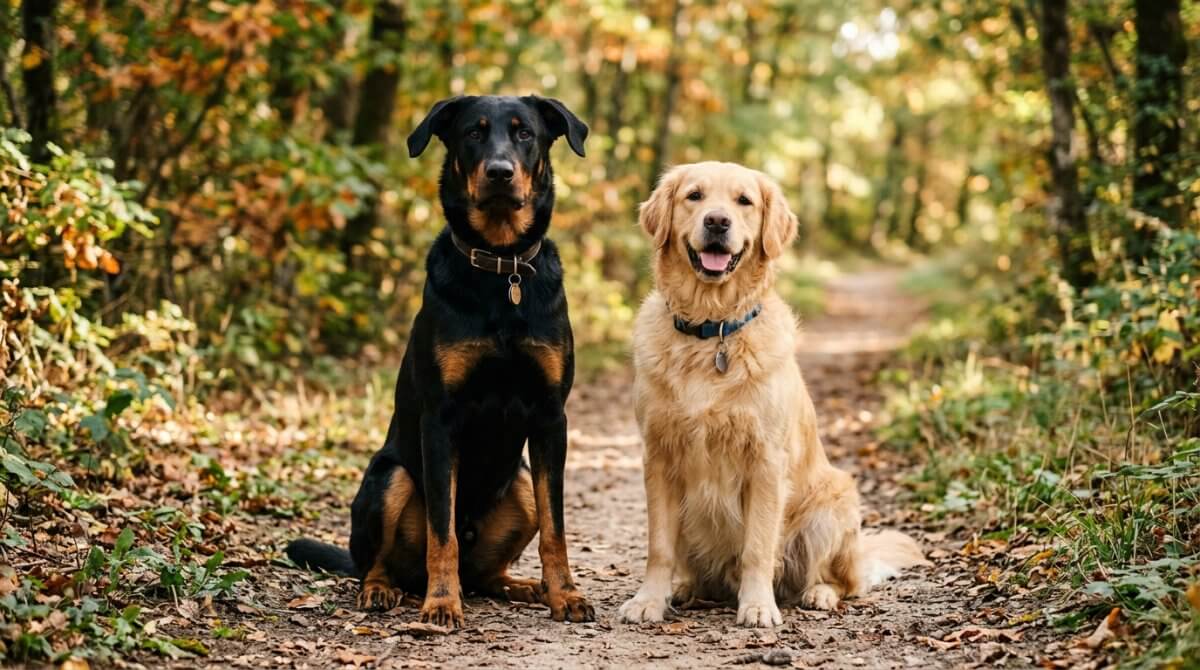 un bauceron à côté d'un golden retriver