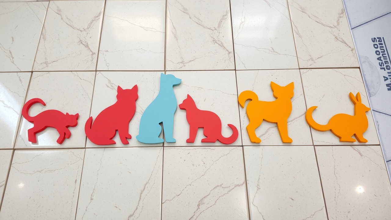 plusieurs gamelles pour animaux colorées et vides, bien alignées sur un sol en carrelage propre