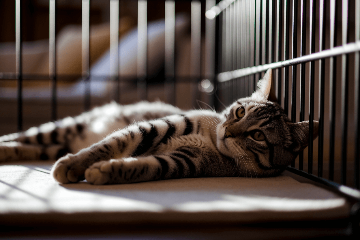 un chat allongé dans une cage, l'air triste
