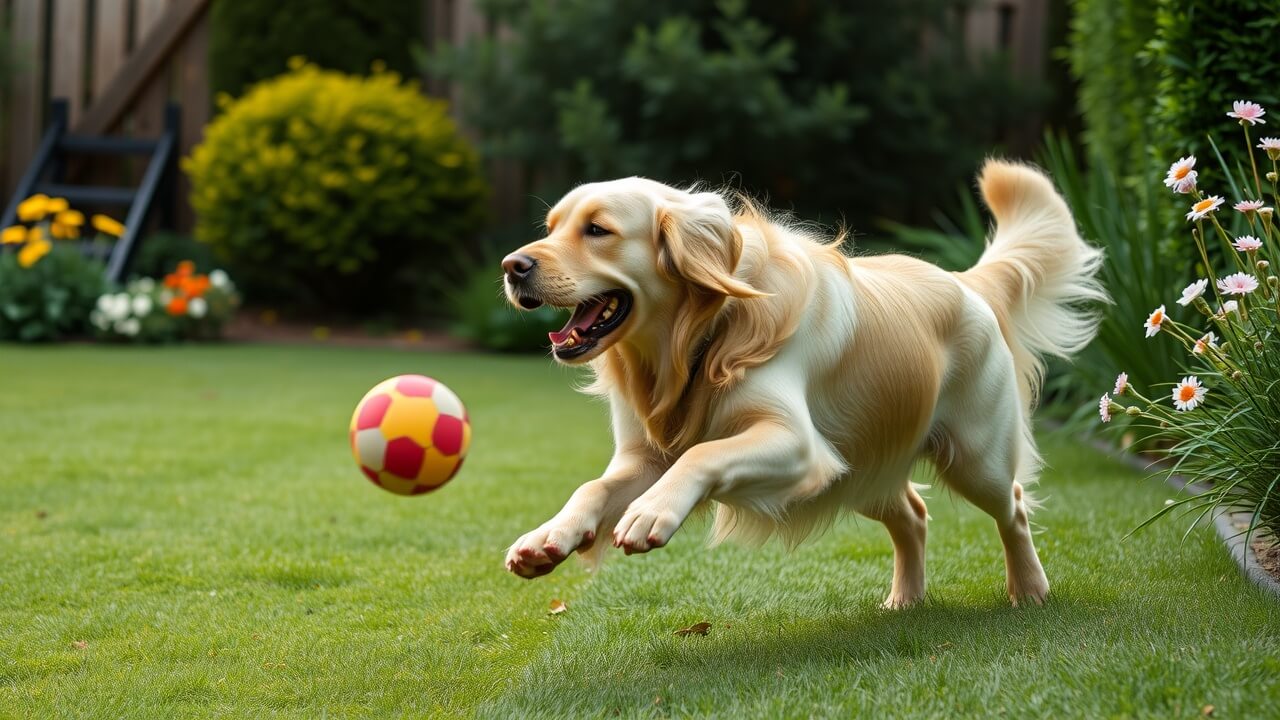 un chien de race golden retriever jouant avec une balle dans un jardin verdoyant