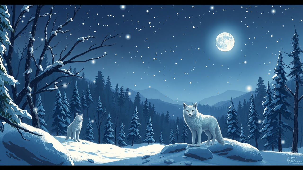 un loup de dessin animé assis dans un paysage de neige la nuit