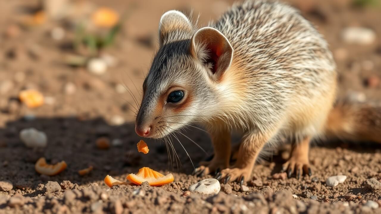 un numbat avec son pelage rayé cherchant de la nourriture au sol
