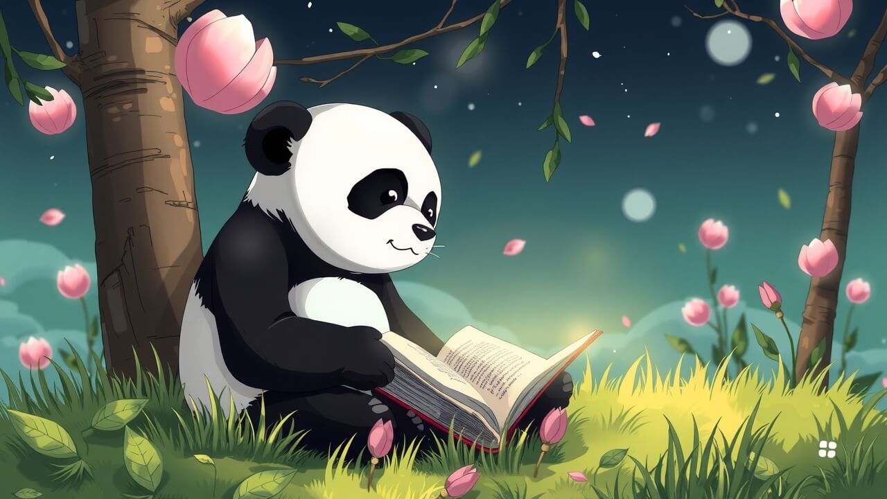 un panda de dessin animé lisant un livre dans une forêt de bambous