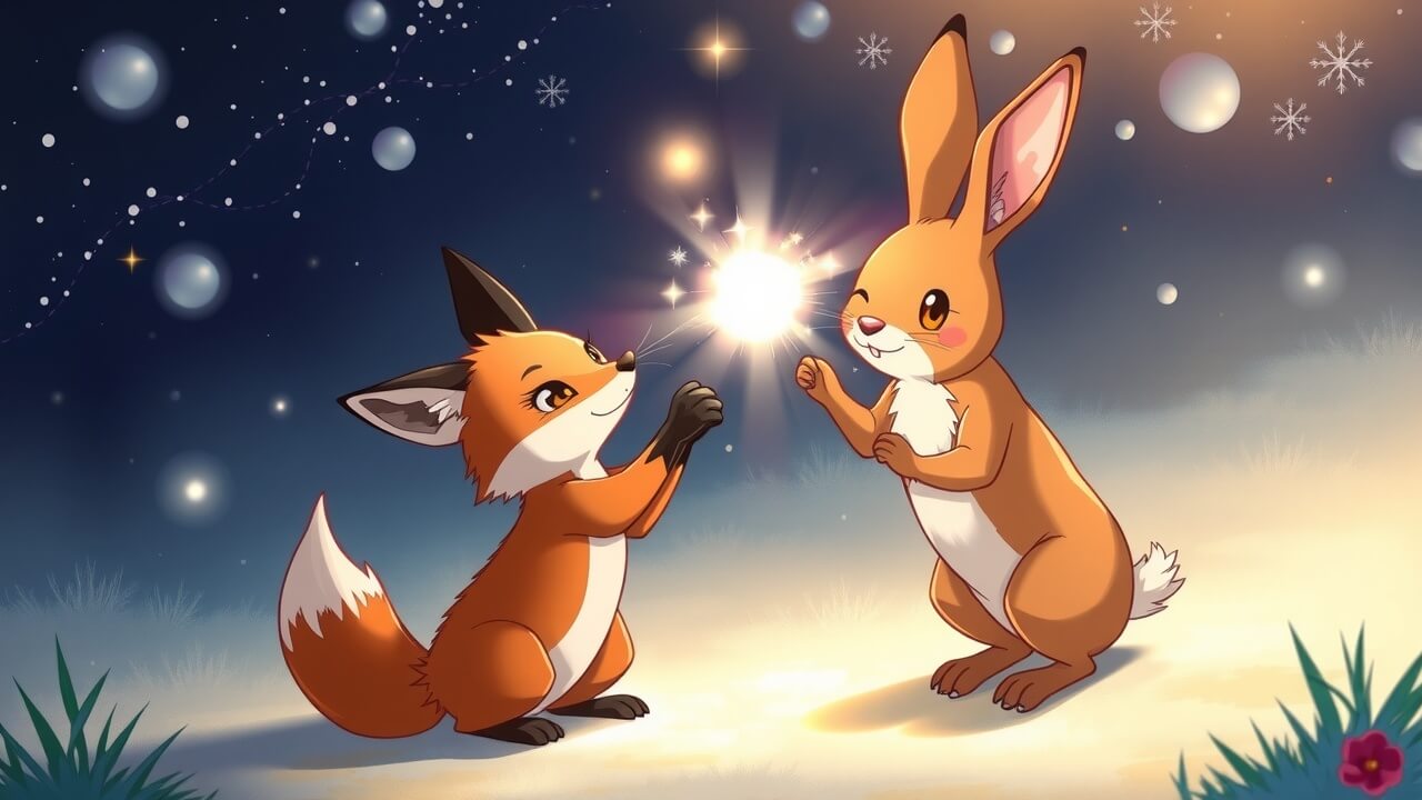 un renard de dessin animé et un lapin de dessin animé échangeant un objet brillant