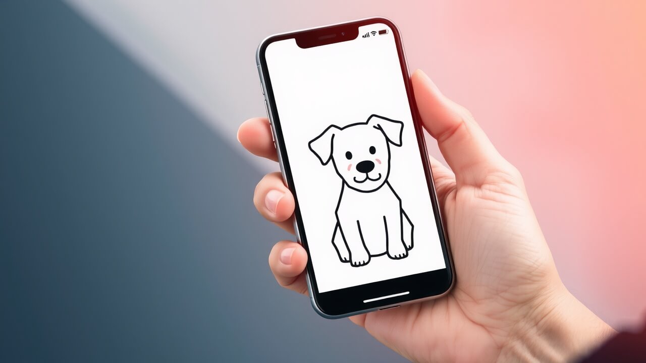 une main tenant un smartphone avec une patte de chien dessinée sur l'écran