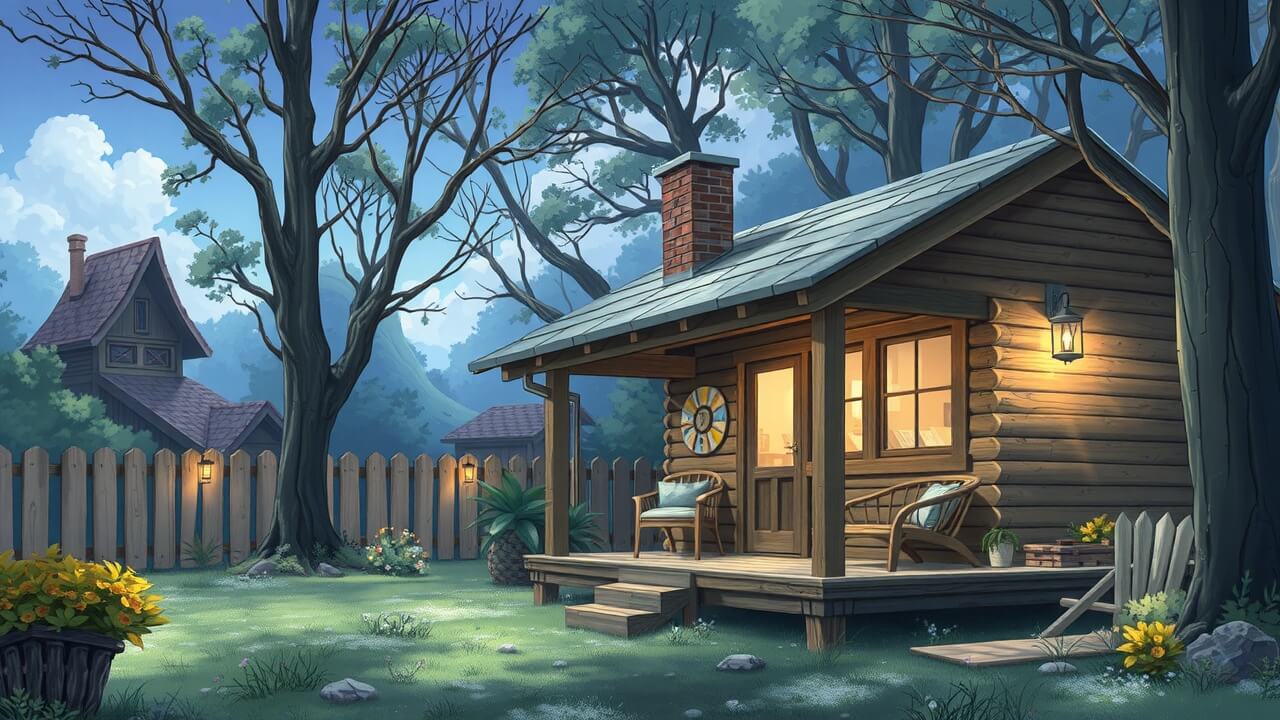 une maisonnette en bois confortable dans une forêt de dessin animé