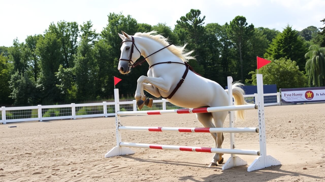 un cheval blanc sautant un obstacle dans un manège