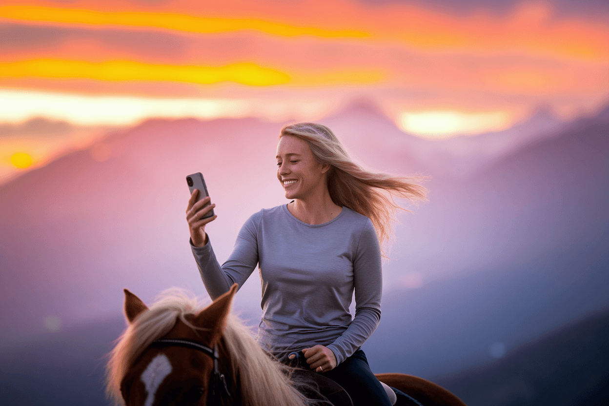 une femme à cheval regarde son smartphone en souriant, paysange montagne bokeh