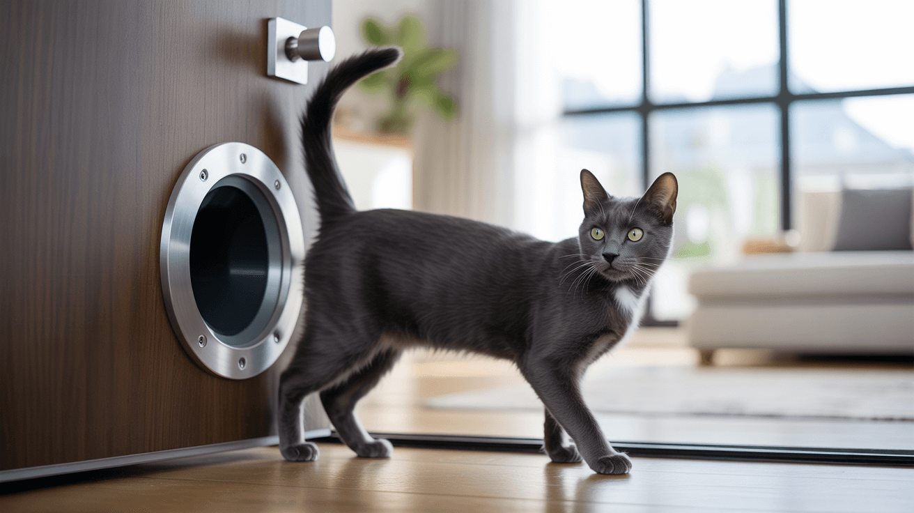 Chat entrant dans une maison par une chatière moderne