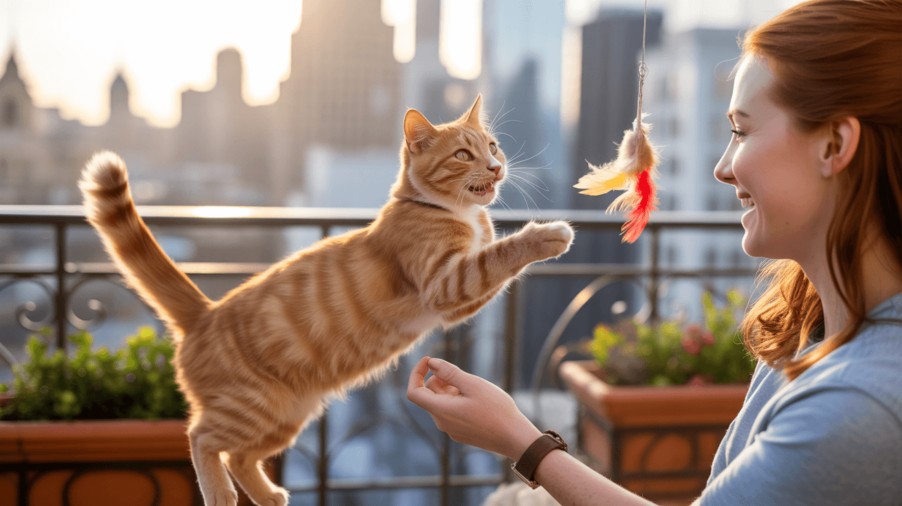 Chat joueur avec son propriétaire sur un balcon sécurisé