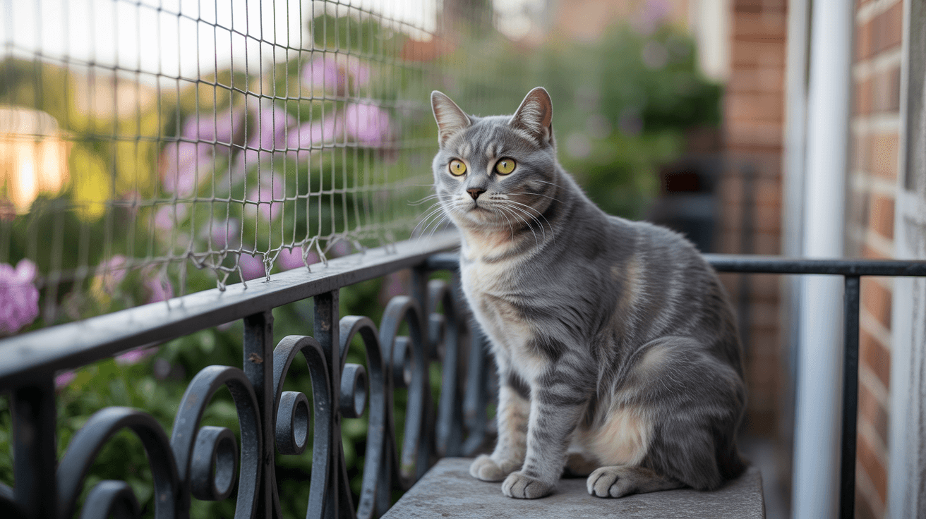 Chat observateur depuis un balcon sécurisé avec filet