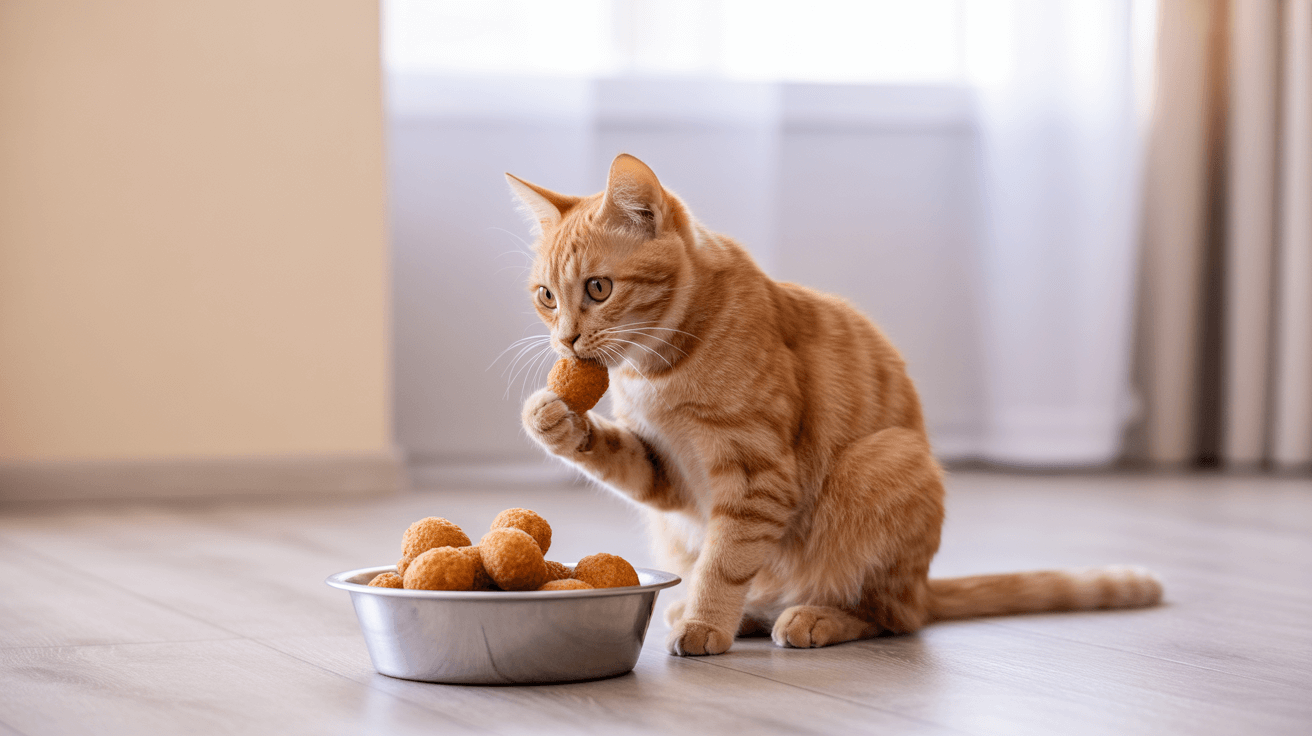 Chat roux mangeant des croquettes dans une gamelle en métal sur un sol clair