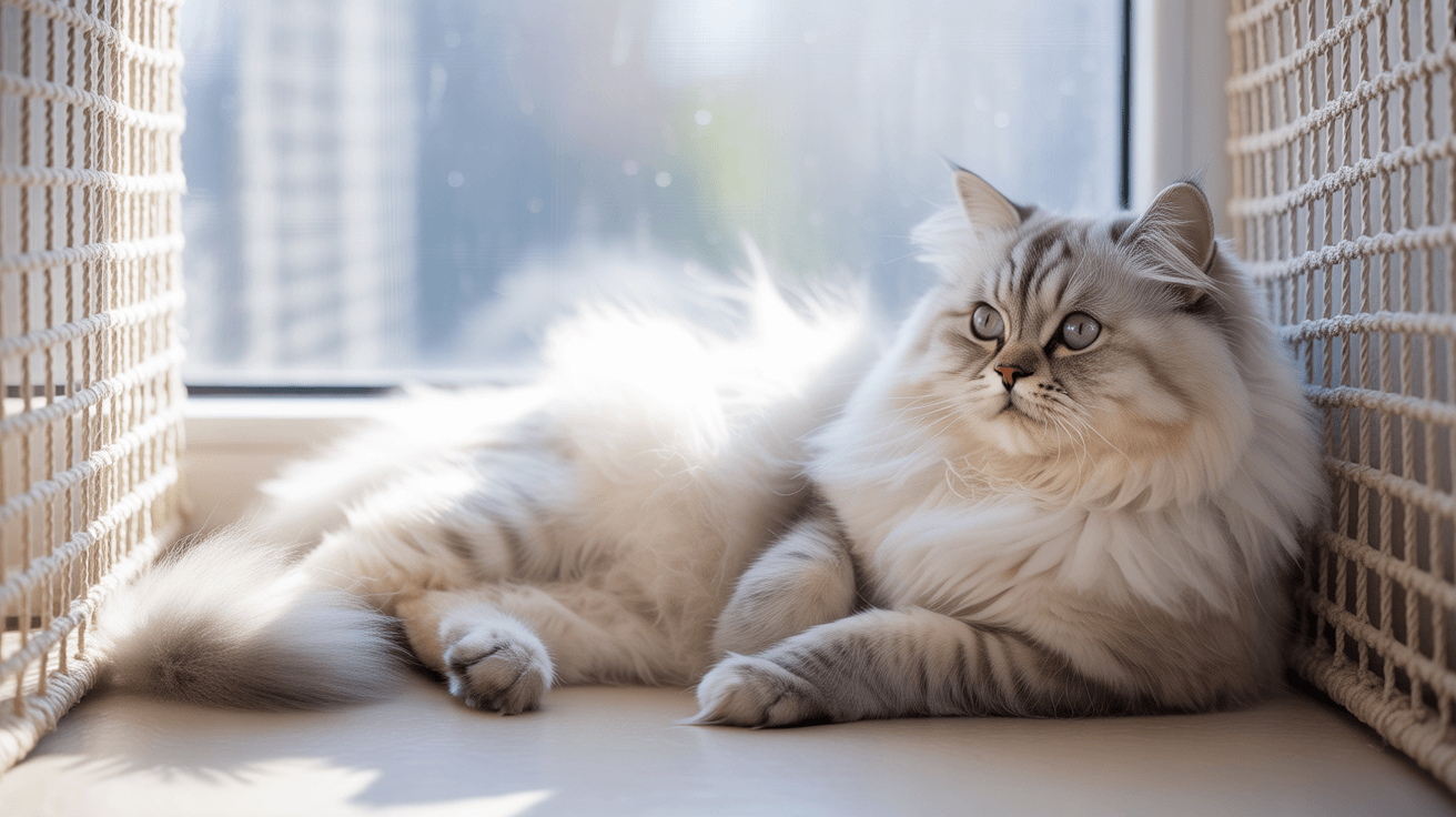 Chat se prélassant en sécurité sur un rebord de fenêtre protégé par un filet