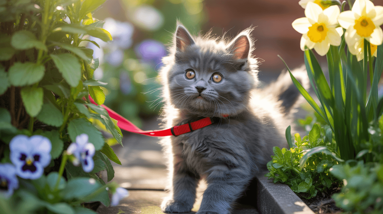 Chaton attachée à une laisse de sécurité explorant un jardin