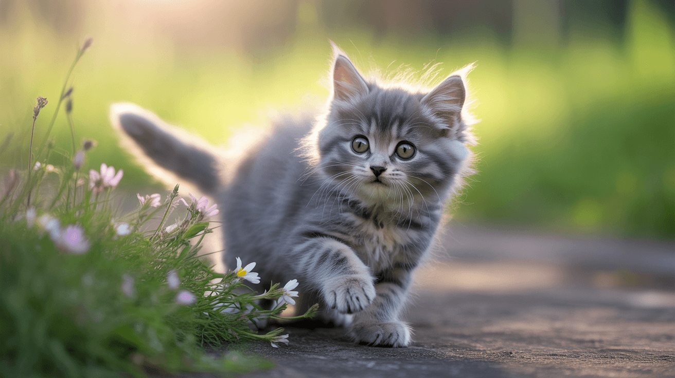 Chaton explorant une parcelle d'herbe sous la surveillance d'un humain