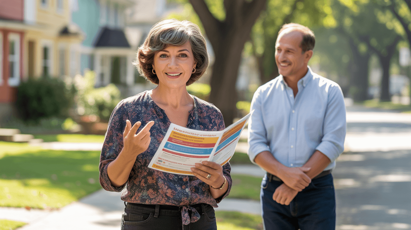 Personne montrant une fiche explicative à un voisin souriant dans une rue calme et ensoleillée