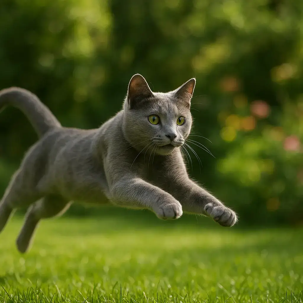 Un chat gris élégant sautant joyeusement dans un jardin verdoyant ensoleillé, expression libre et heureuse.