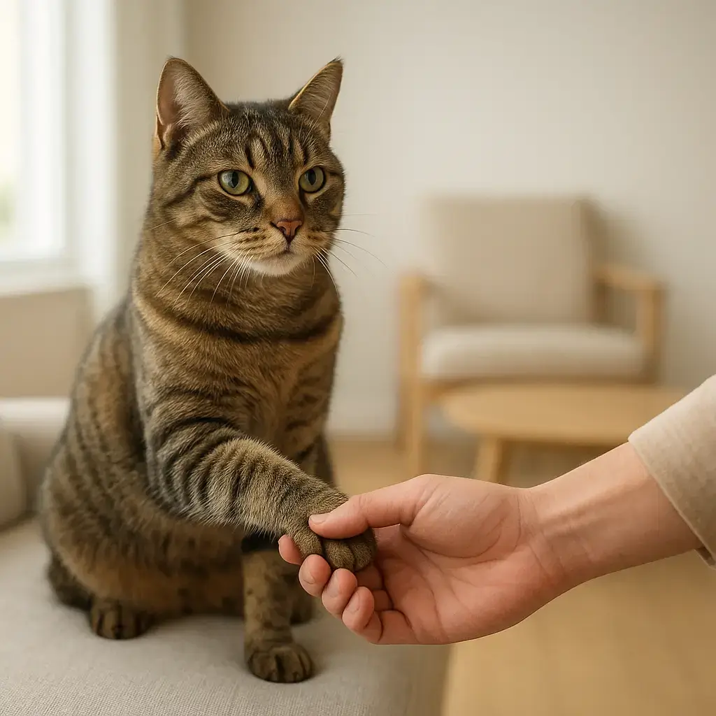 Un chat concentré et fier donne la patte à une main humaine dans un salon lumineux et moderne.