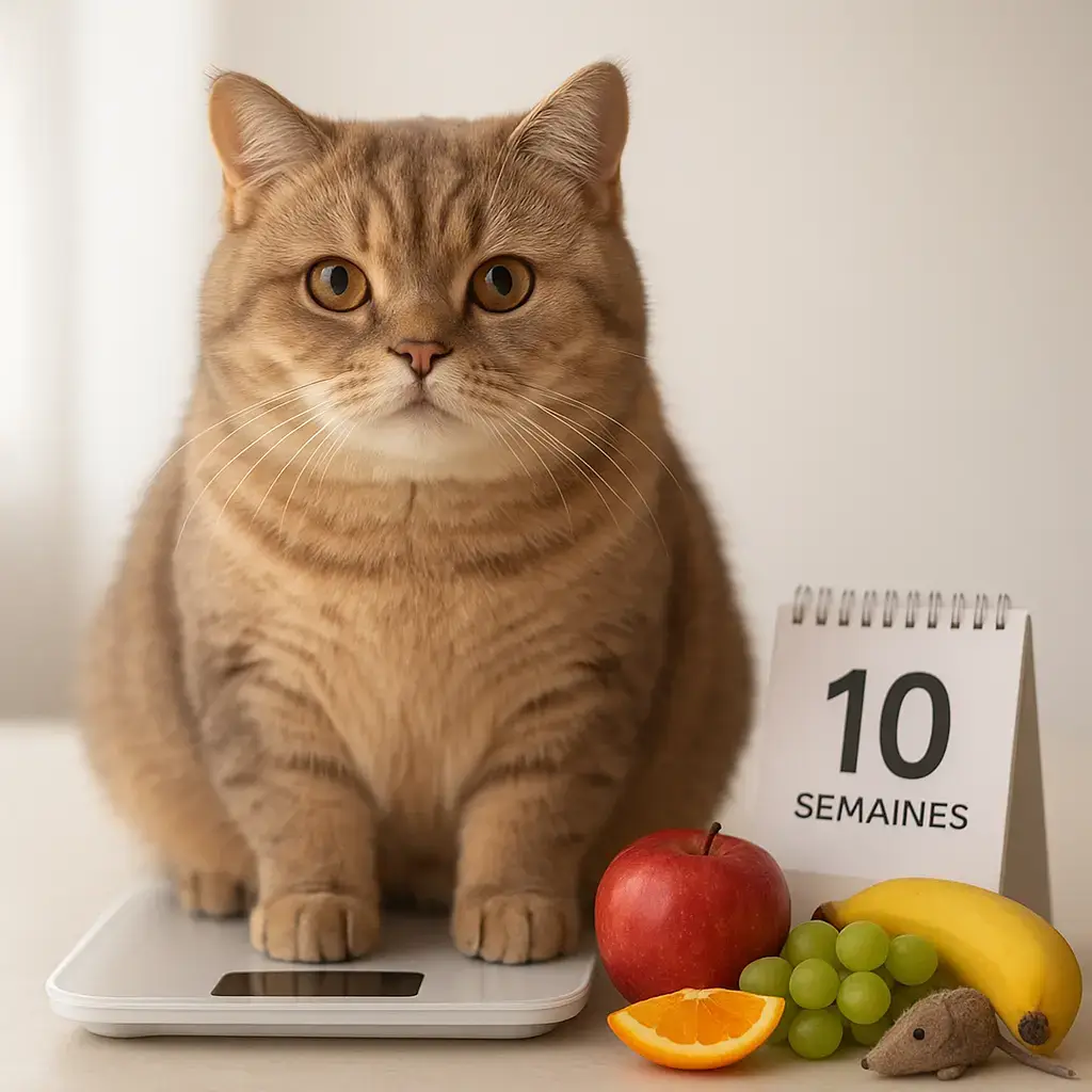 Chat dodu et mignon sur balance avec calendrier 10 semaines, fruits sains et jouet, fond lumineux professionnel.