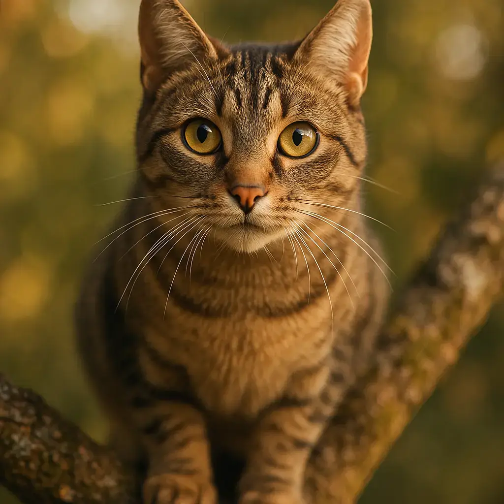 Chat observant curieux depuis un arbre
