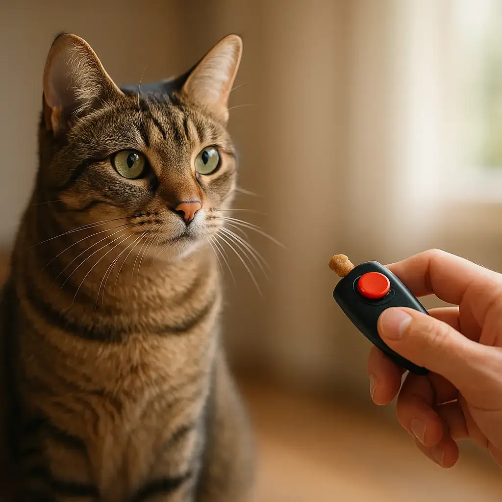 Un chat assis regarde attentivement une main humaine tenant un clicker et une petite friandise.