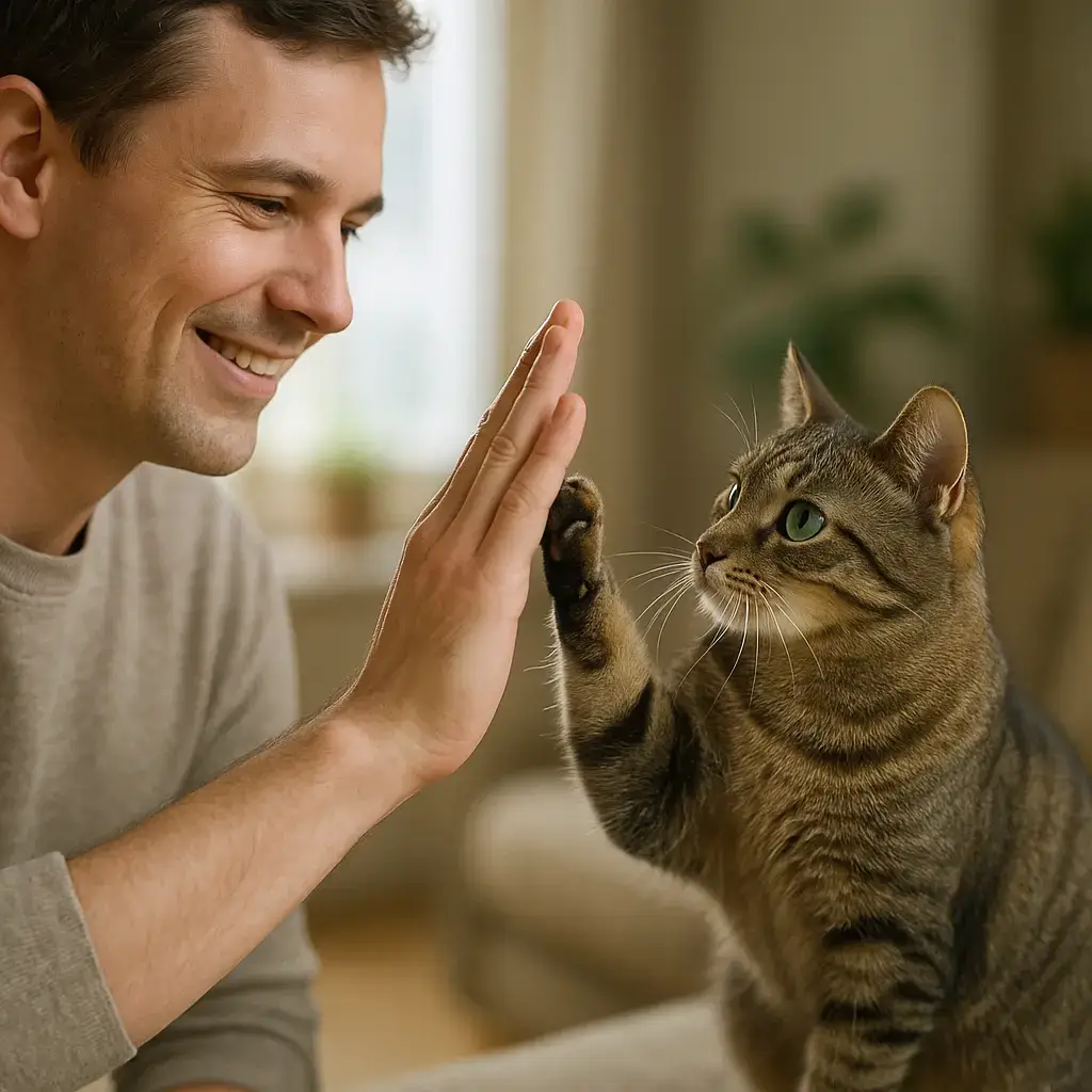 Une personne donne un high-five à un chat tigré qui lève sa patte pour la toucher.