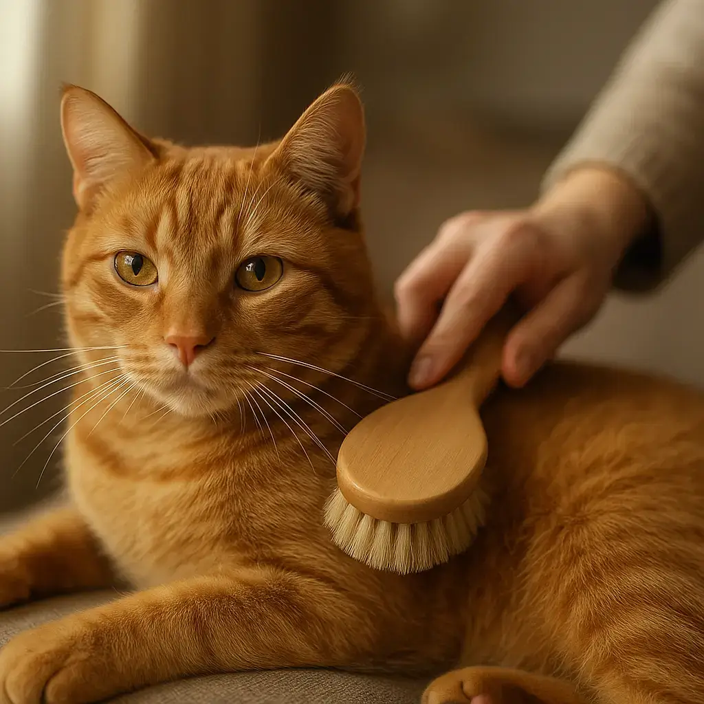 Un chat au pelage roux est calmement allongé pendant qu'une personne le brosse doucement.