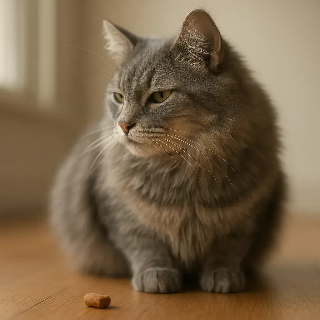 Un chat gris se détourne d'une friandise posée au sol, l'air désintéressé.