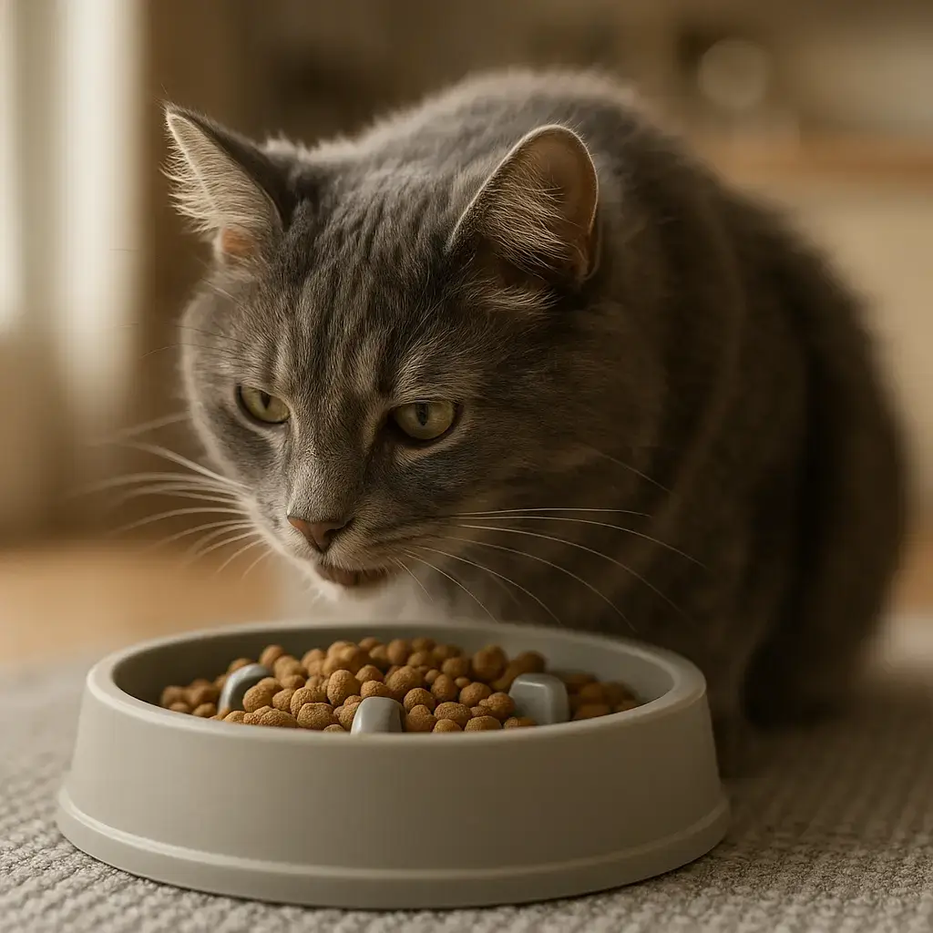 Chat gris mangeant lentement des croquettes light d'une gamelle anti-glouton sur un tapis de cuisine, lumière naturelle.