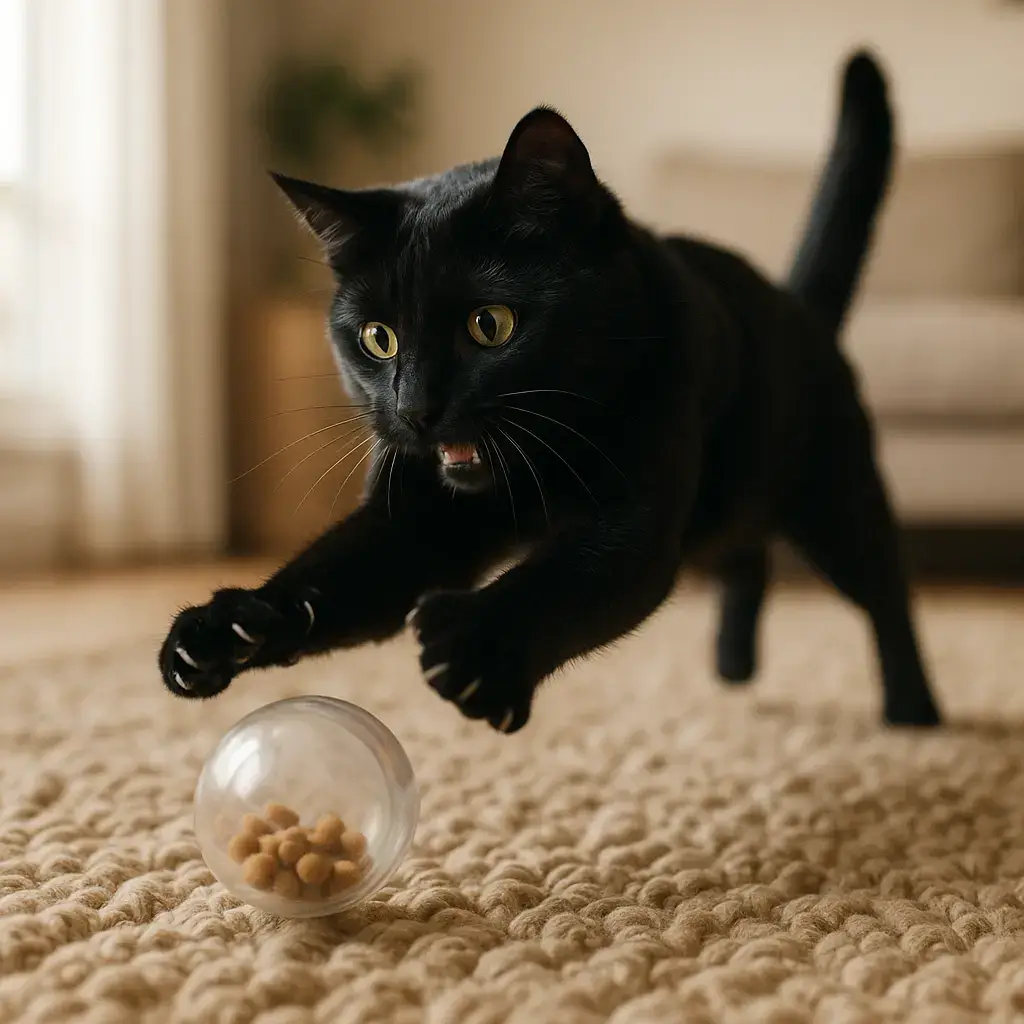 Chat noir jouant avec une balle distributeur de croquettes roulant sur un tapis vivant, sautant joyeusement dans une pièce lumineuse.