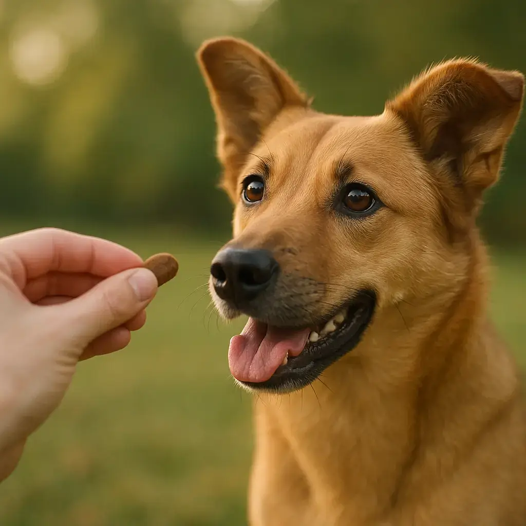 Une main donne délicatement une friandise à un chien attentif et heureux, en récompense lors d'un entraînement.
