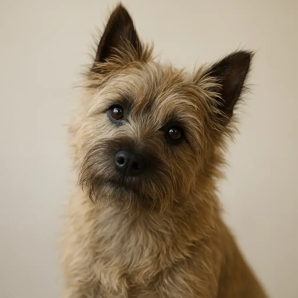 Un Cairn Terrier au poil ébouriffé penche la tête, regardant la caméra avec une expression curieuse et intelligente, sur fond clair.