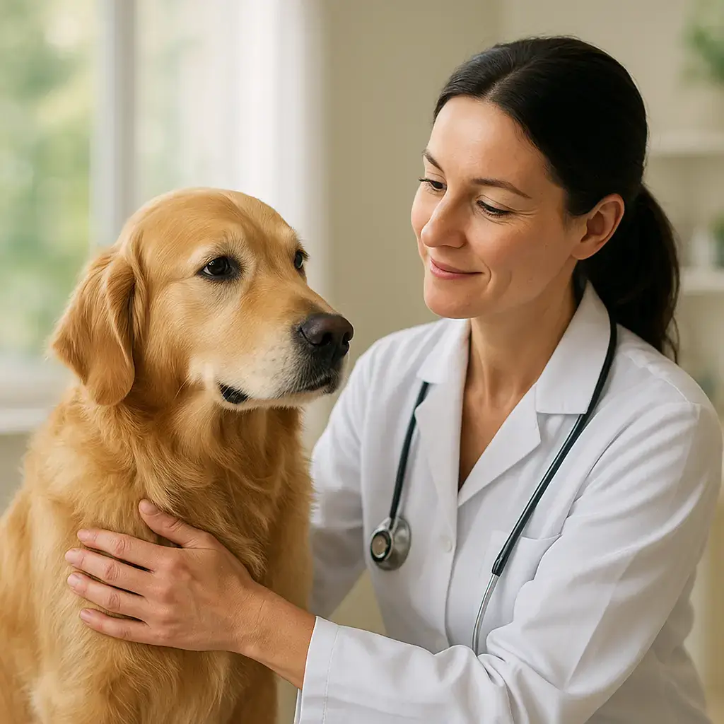 Une personne qualifiée, dans un environnement propre et lumineux, prend soin avec douceur d’un animal de compagnie confiant et serein.