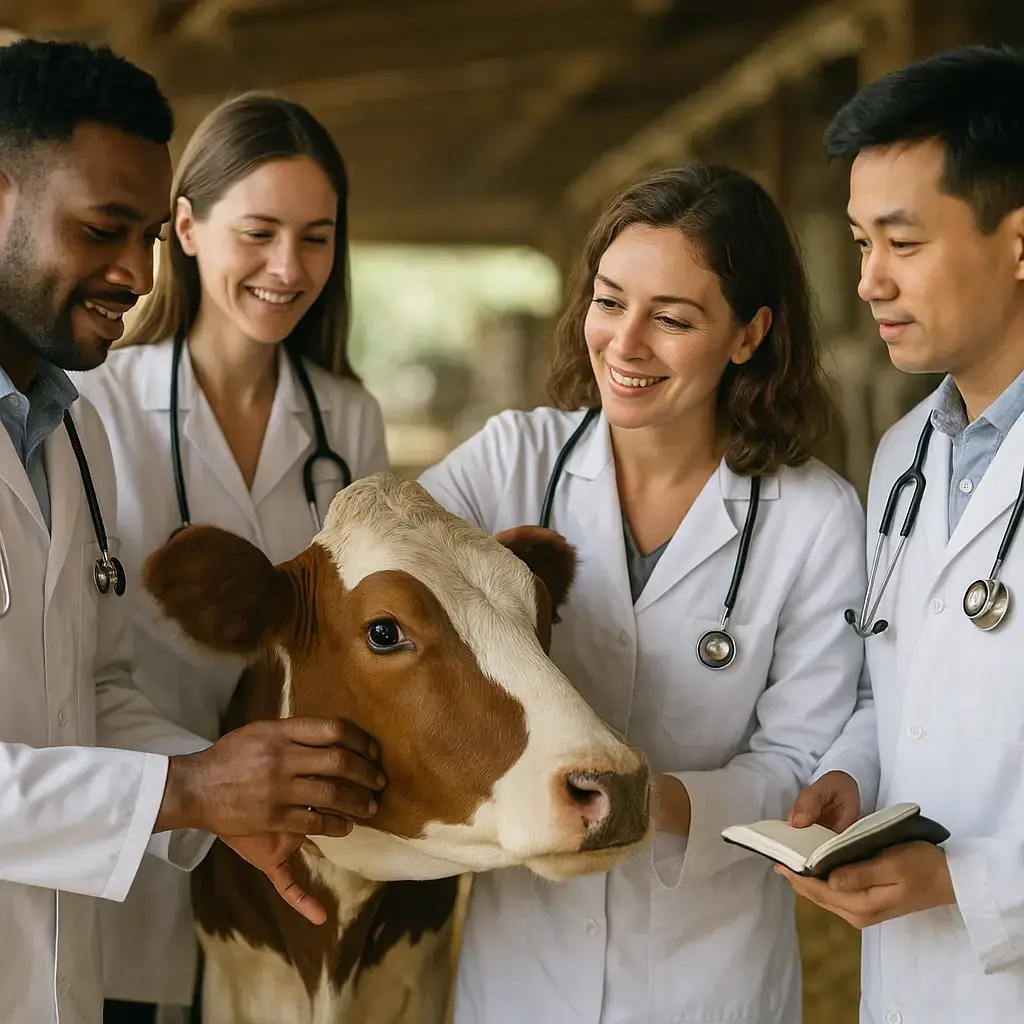 Un groupe de vétérinaires en blouse blanche examinant ensemble un animal de ferme en bonne santé.
