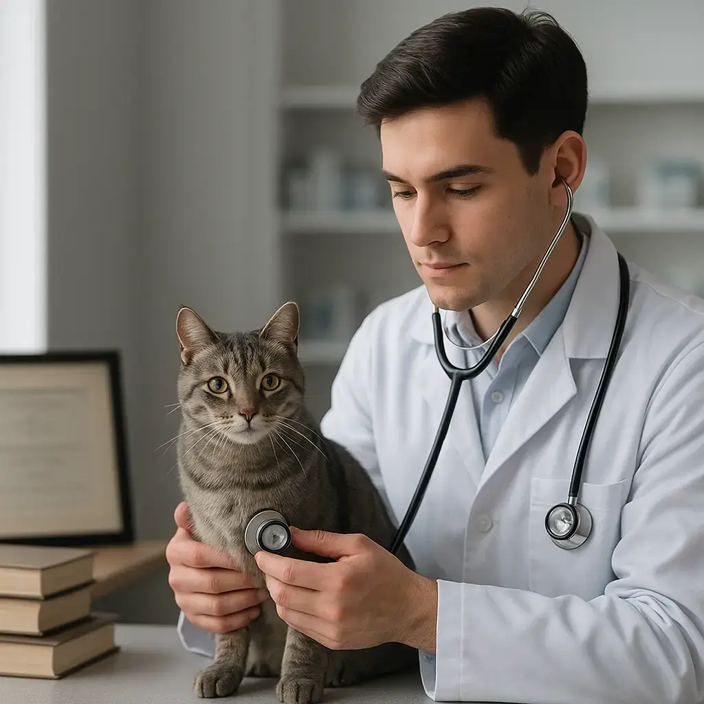 Jeune étudiant en tenue professionnelle examinant un chat dans une clinique, livres et diplôme sur la table, ambiance lumineuse et sérieuse