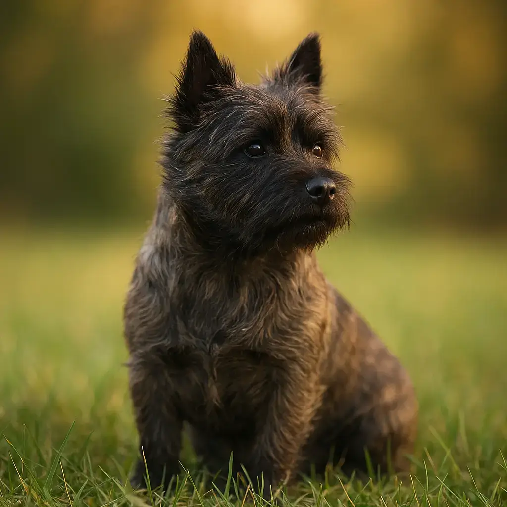 Un Cairn Terrier bringé assis dans l'herbe, regardant attentivement son maître hors champ.
