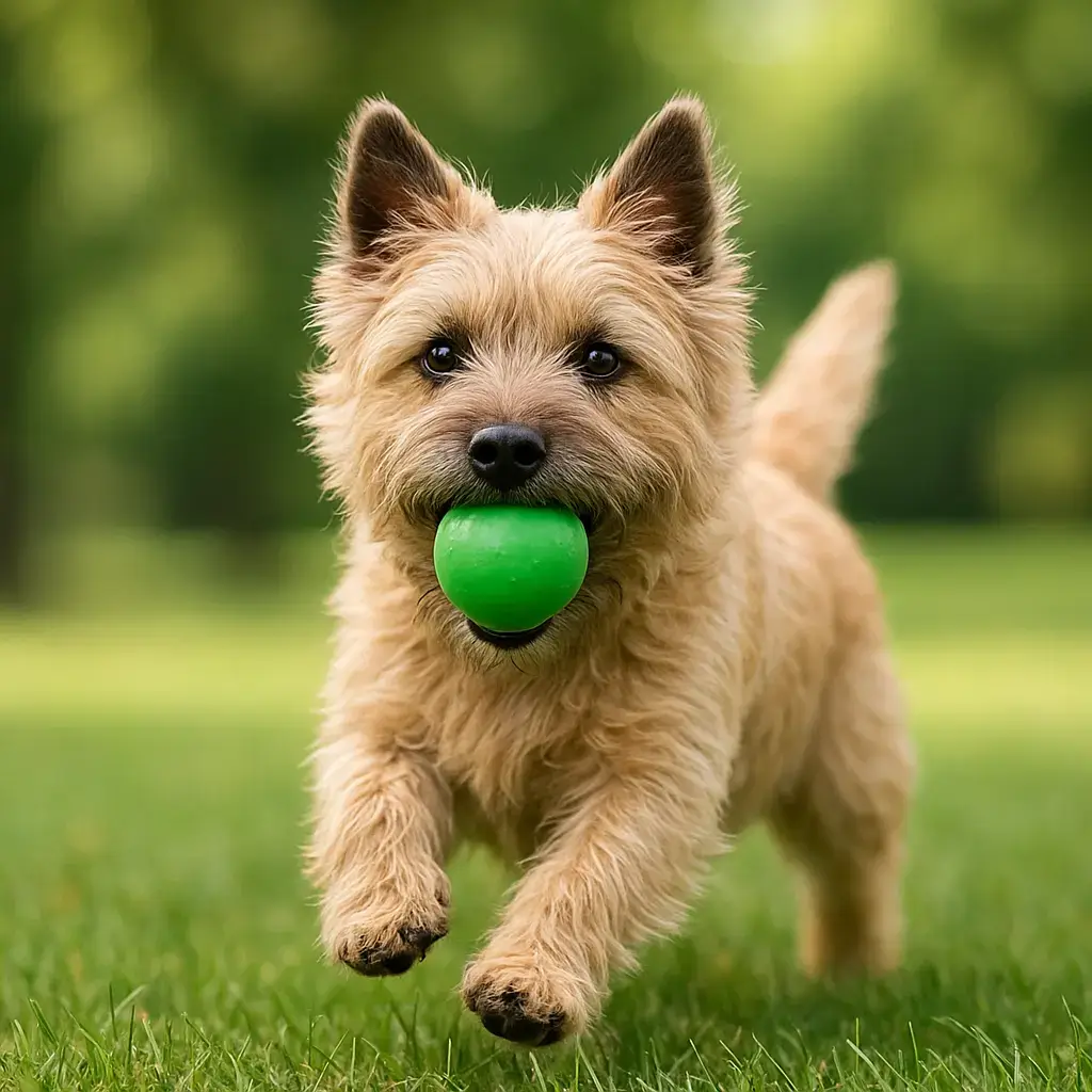 Un Cairn Terrier de couleur sable courant joyeusement dans un parc, une balle dans la gueule.