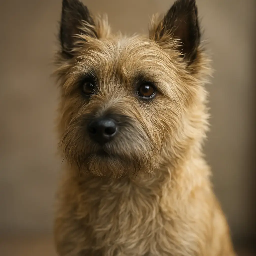 Portrait en gros plan d'un Cairn Terrier, montrant son poil dur et hirsute et ses yeux vifs et curieux.