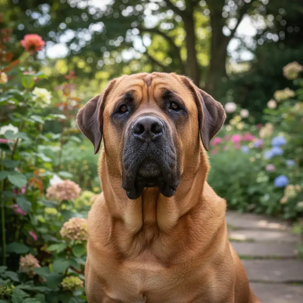 Grand molosse brun roux en portrait, regard doux, assis dans un jardin, lumière naturelle, image réaliste et professionnelle.