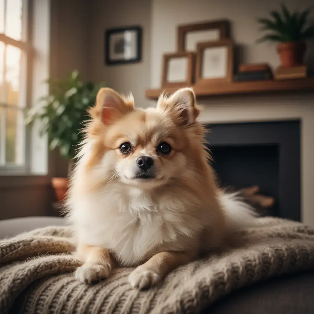 Petit chien spitz nain au pelage duveteux, regard vif, posé dans un intérieur lumineux, ambiance chaleureuse, réaliste et professionnelle.