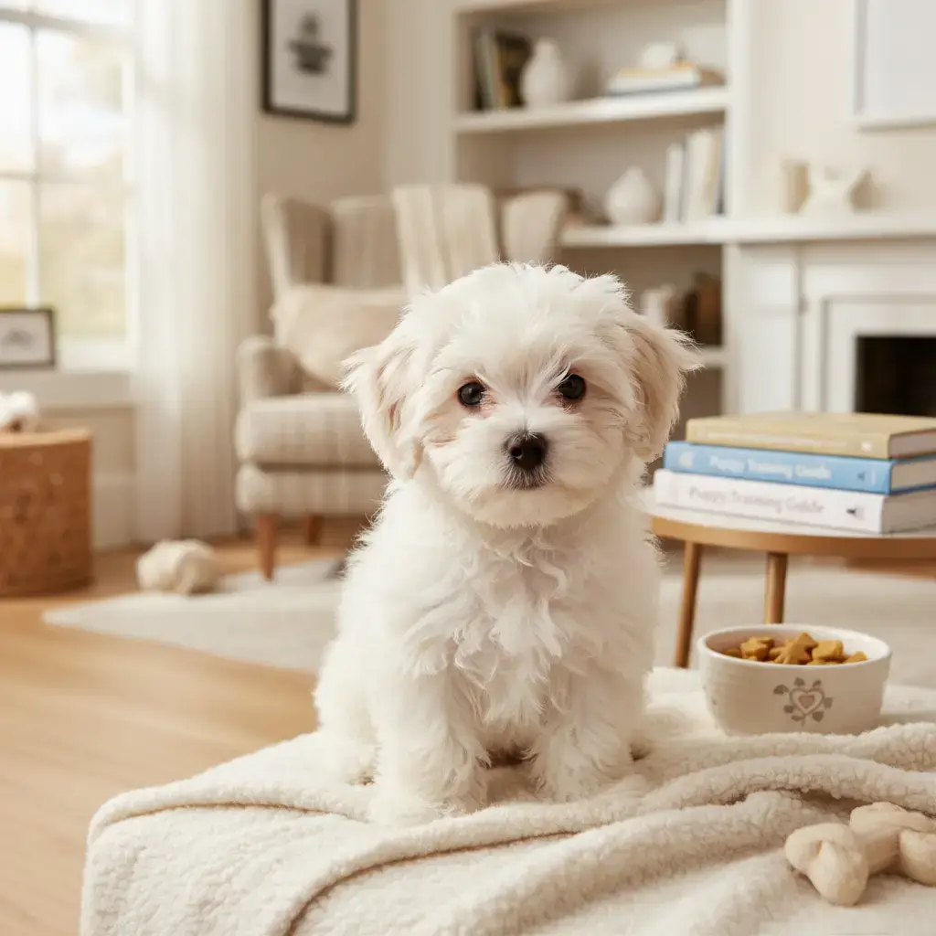 Chiot bichon maltais blanc dans un intérieur lumineux, regard doux, ambiance soignée et chaleureuse, évoquant tendresse, soins et conseils pour l’éducation.