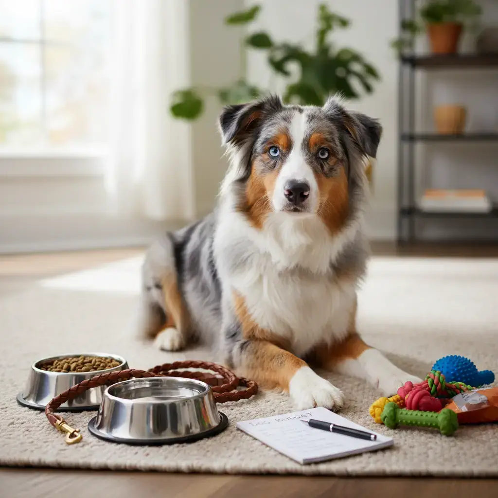 Chien berger australien posé près de gamelles, laisse, carnet de budget et accessoires, ambiance lumineuse, photo réaliste et professionnelle.