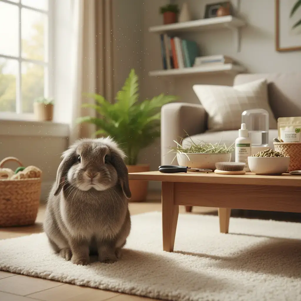 Lapin bélier au regard doux dans un salon lumineux, entouré d’accessoires de soin et d’alimentation, ambiance chaleureuse, rassurante et professionnelle