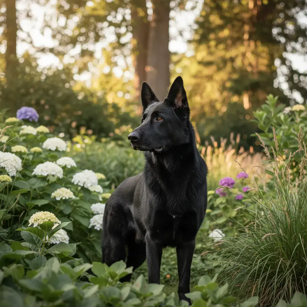 Un berger allemand noir majestueux dans un jardin, regard attentif, lumière naturelle, ambiance professionnelle et réaliste.
