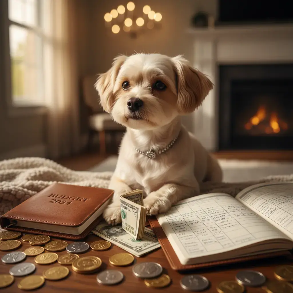 Petit chien de compagnie élégant posé près de pièces et d’un carnet de budget, ambiance chaleureuse, photo réaliste professionnelle.