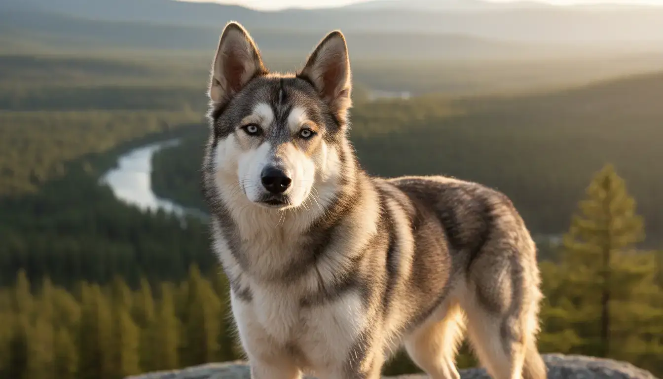 Un chien croisé entre husky et berger allemand, debout dans un paysage naturel lumineux, regard expressif, style photo réaliste professionnelle.
