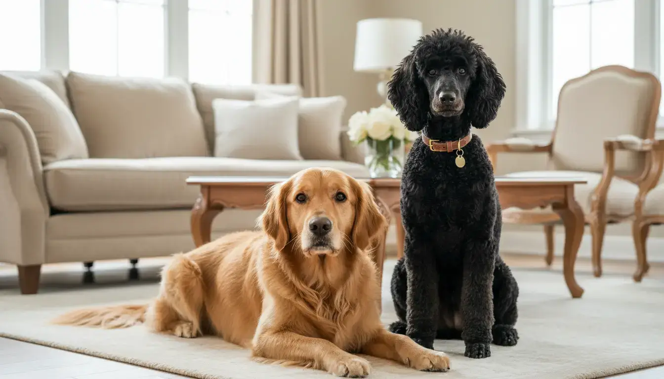 Deux chiens au pelage soyeux, propres et élégants, dans un salon lumineux, image réaliste, chaleureuse et professionnelle.