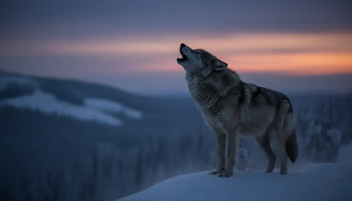Un loup hurlant sur une crête enneigée au crépuscule, atmosphère sauvage, regard intense, image réaliste et professionnelle.