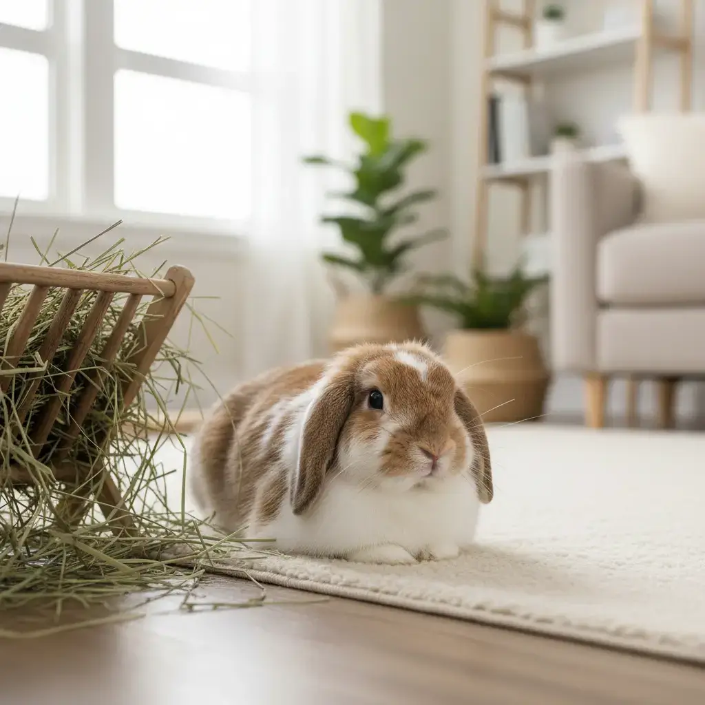 Cute lop rabbit resting indoors near hay rack in a safe apartment setup