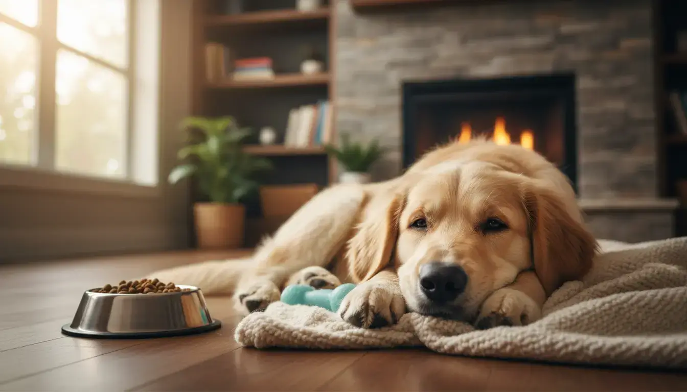 Adorable chiot de grande race dans un intérieur chaleureux, entouré d’une couverture, d’un jouet et d’une gamelle, ambiance accueillante et rassurante.